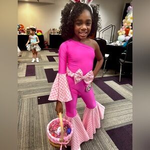 Pink and plaid jumpsuit with bow belt 💕